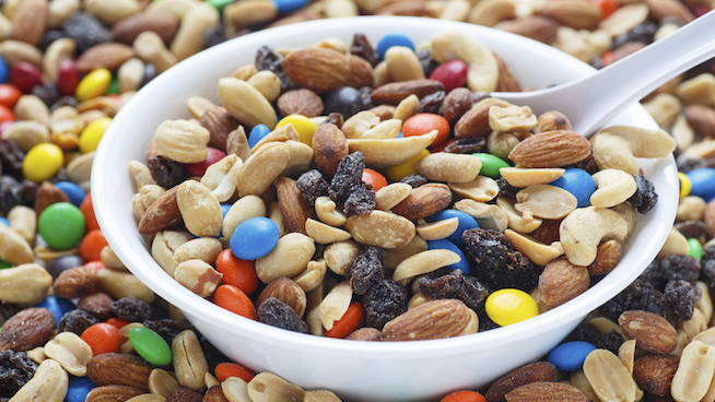 Trail mix with nuts, raisins, dried fruit and candy for an article answering is trail mix healthy.