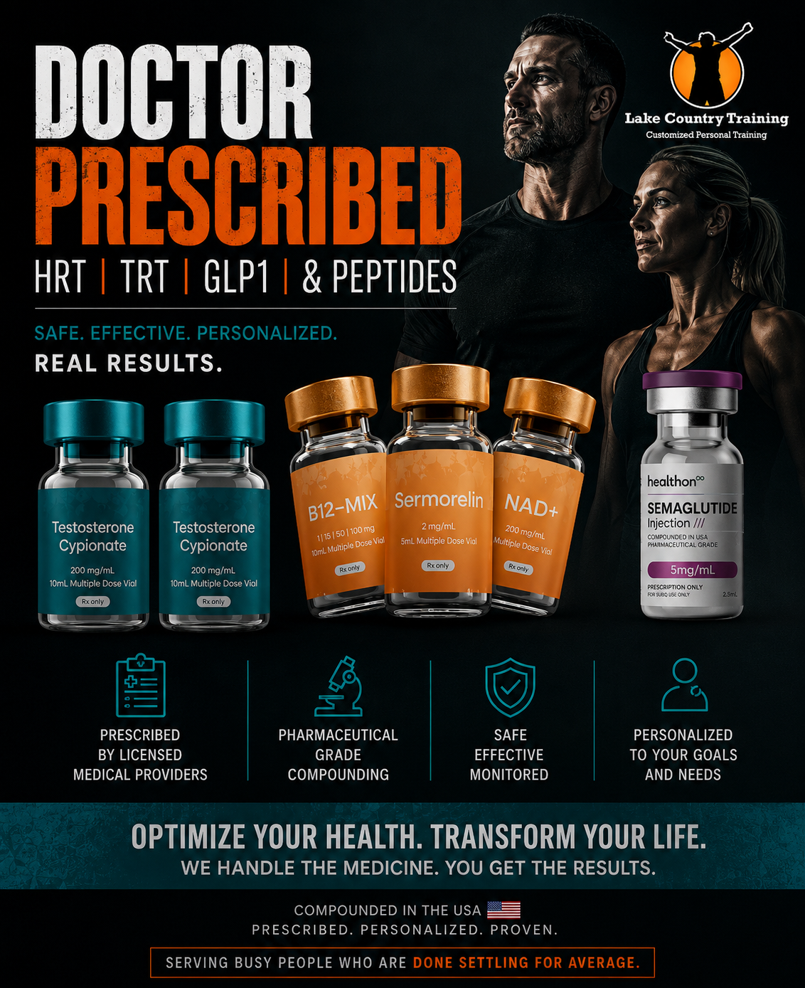 TeleHealth medical optimization services through Lake Country Training, including doctor-prescribed GLP-1 medications, TRT, HRT, peptide therapy, and personalized health coaching.
