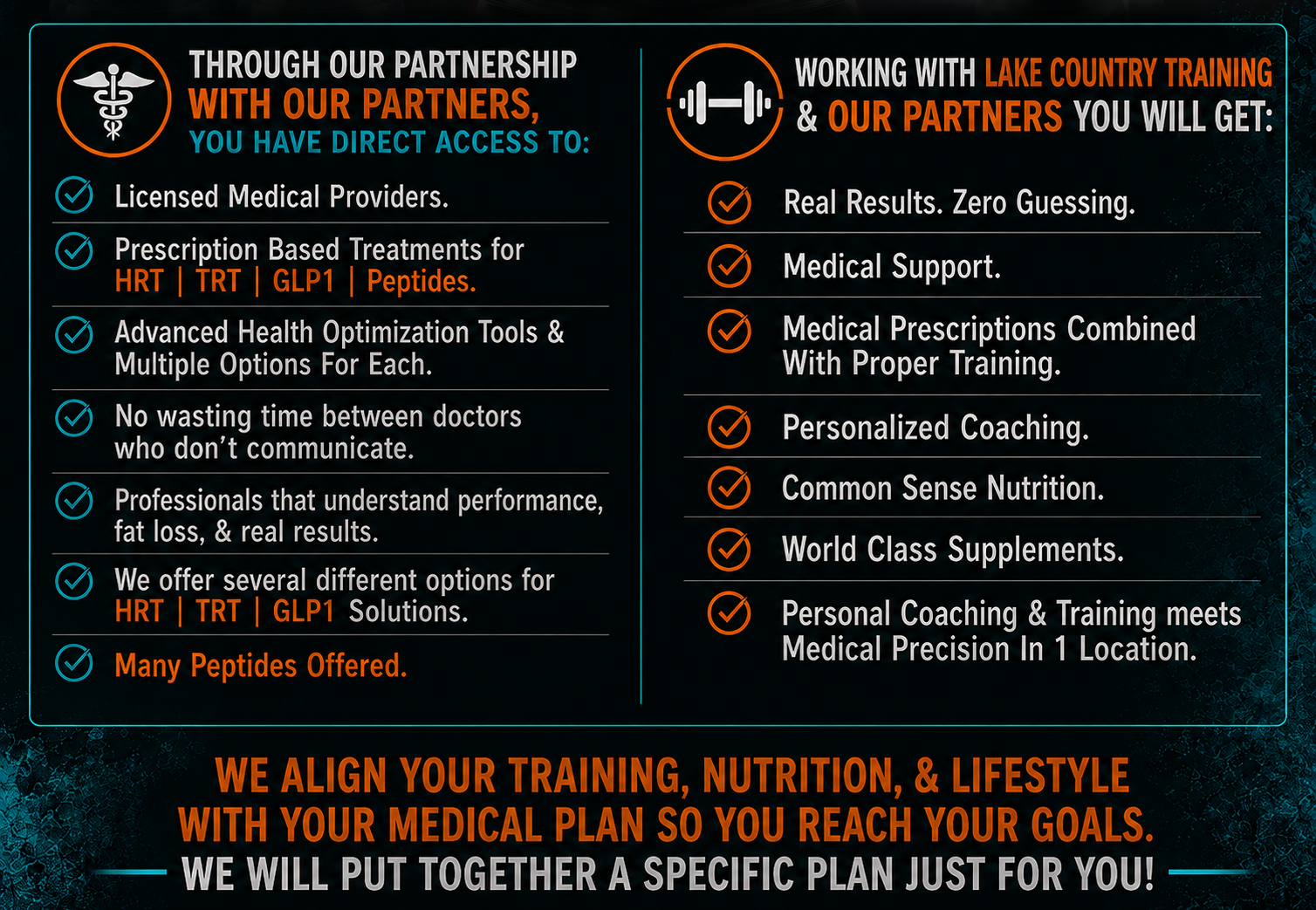 Medical health optimization options including GLP-1 medications, hormone replacement therapy, peptide therapy, and personalized treatment plans through licensed healthcare providers.