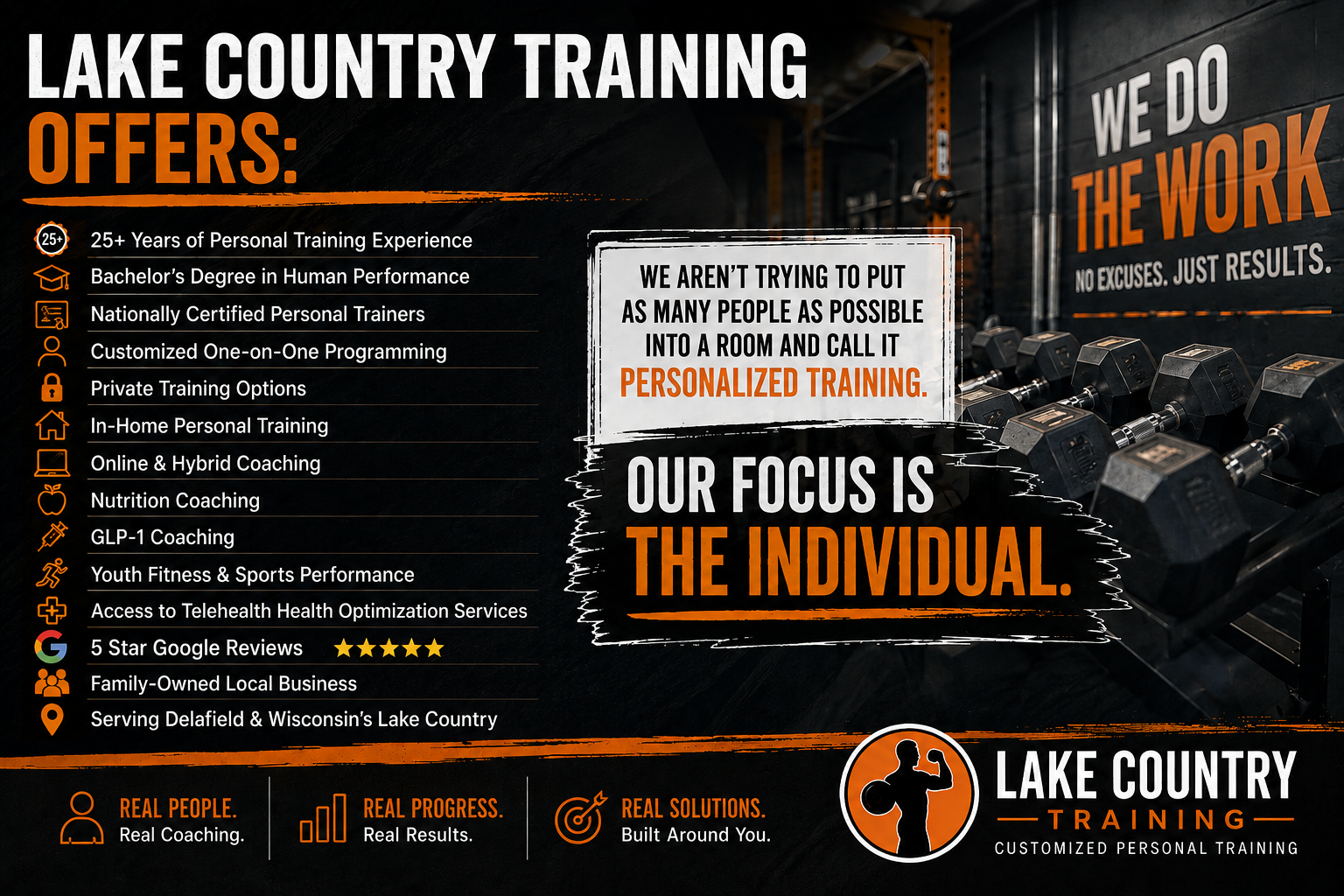 Lake Country Training personal training in Delafield, WI, offering customized one-on-one training, nutrition and GLP-1 coaching, youth fitness, online coaching, and health optimization services.