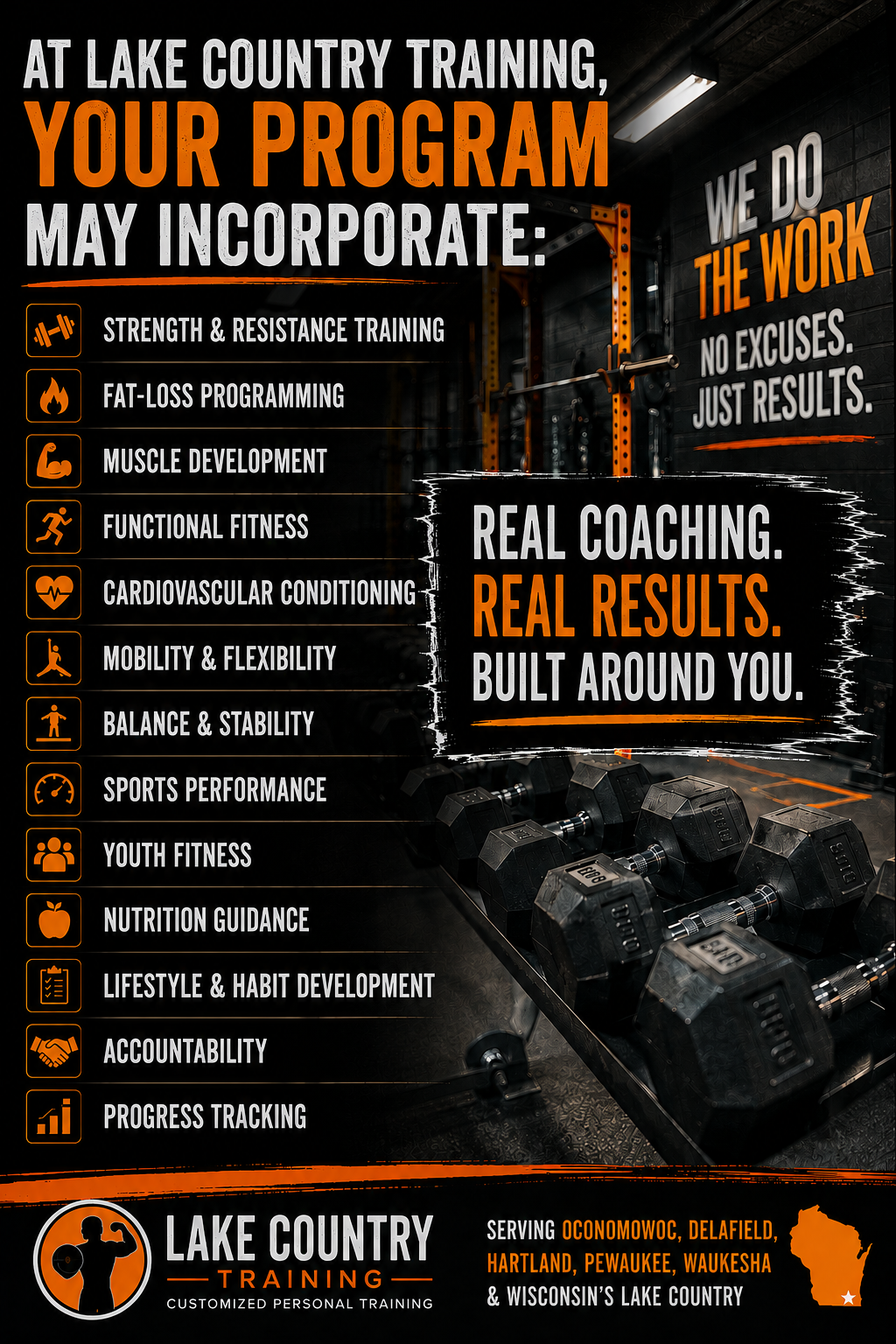 Personal trainer in Hartland WI offering customized strength training, fat-loss programming, sports performance, nutrition guidance, accountability, and progress tracking at Lake Country Training.