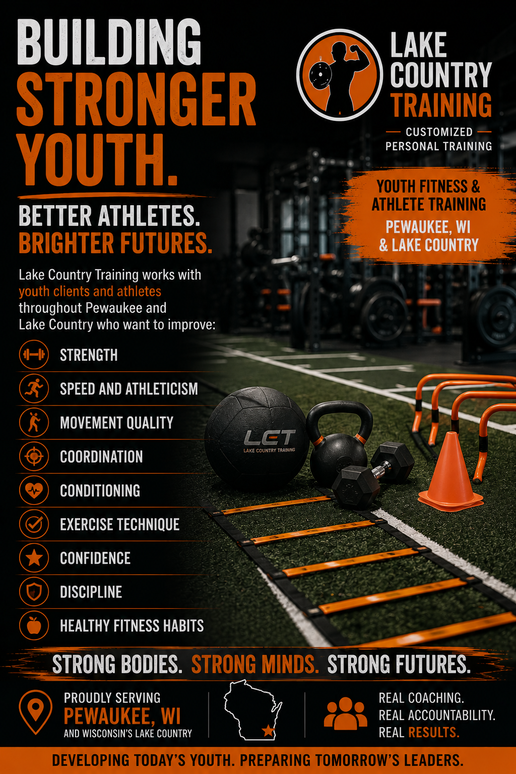 Youth fitness and sports performance training in Pewaukee WI focused on strength, speed, athleticism, coordination, conditioning, exercise technique, confidence, and healthy fitness habits.