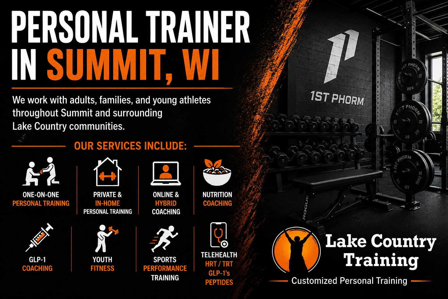Personal trainer in Summit WI offering personal training, nutrition coaching, GLP-1 coaching, youth fitness, sports performance, and telehealth services.