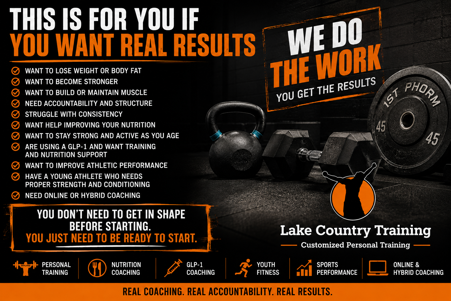 Personal trainer in Merton WI | Lake Country Training providing customized personal training, nutrition coaching, GLP-1 coaching, youth fitness, and sports performance training. We may be able to work with you at Active Virtue.