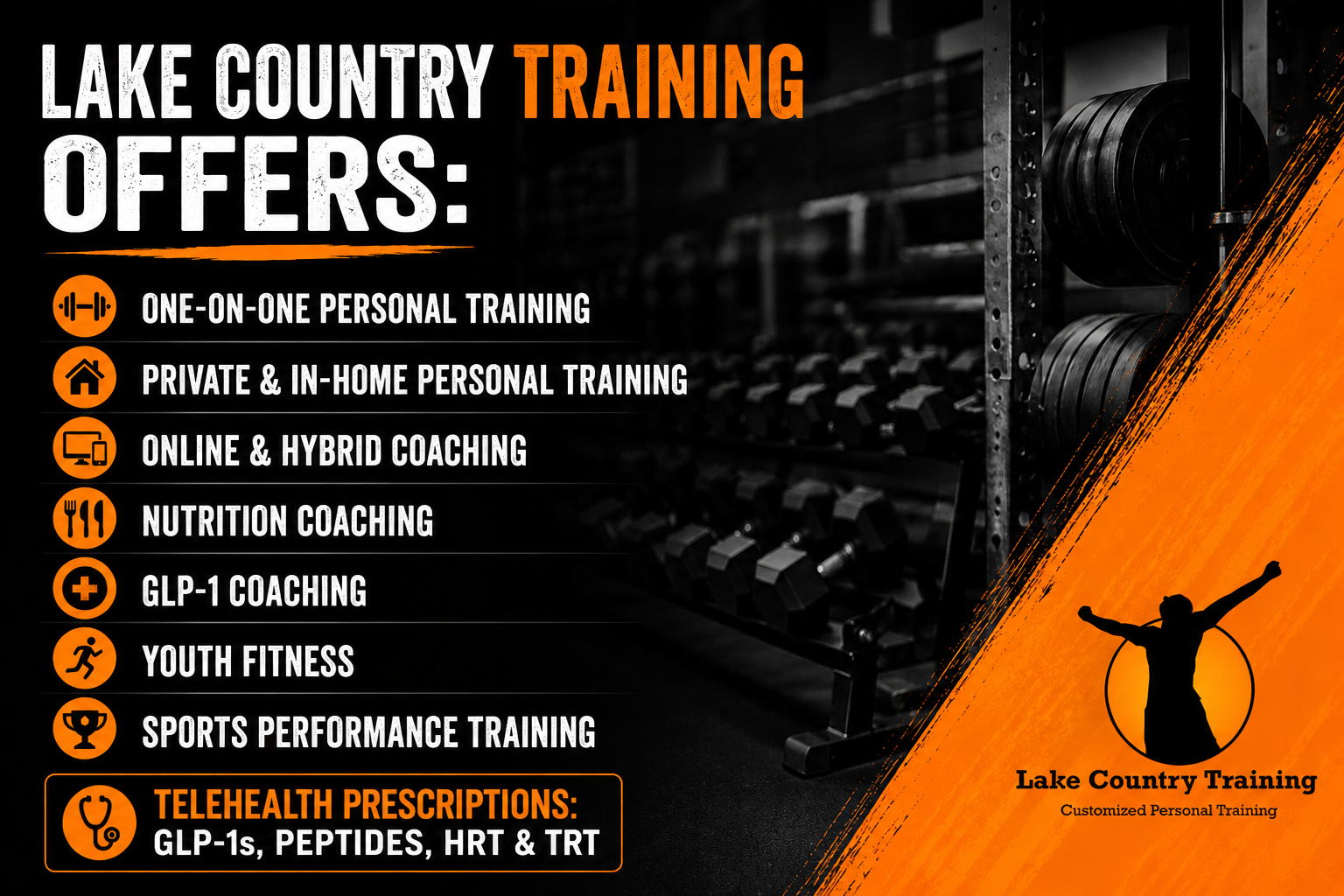 Personal trainer in Okauchee WI offering personal training, nutrition coaching, GLP-1 coaching, youth fitness, sports performance and telehealth services.