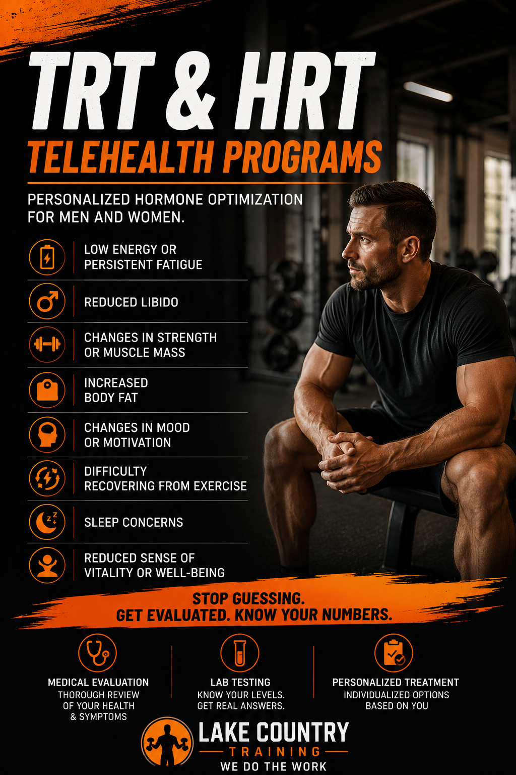 TRT & HRT Telehealth Programs: TRT for men and women through Lake Country Training, with common hormone-related concerns including low energy, reduced libido, muscle changes, recovery, sleep, and vitality.