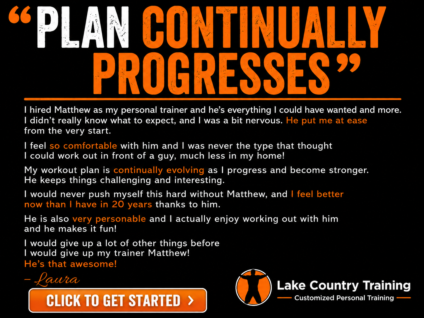 Plan Continually Progresses Client testimonial describing how a personalized Lake Country Training program continually evolved to improve strength, confidence, motivation, and long-term fitness success.