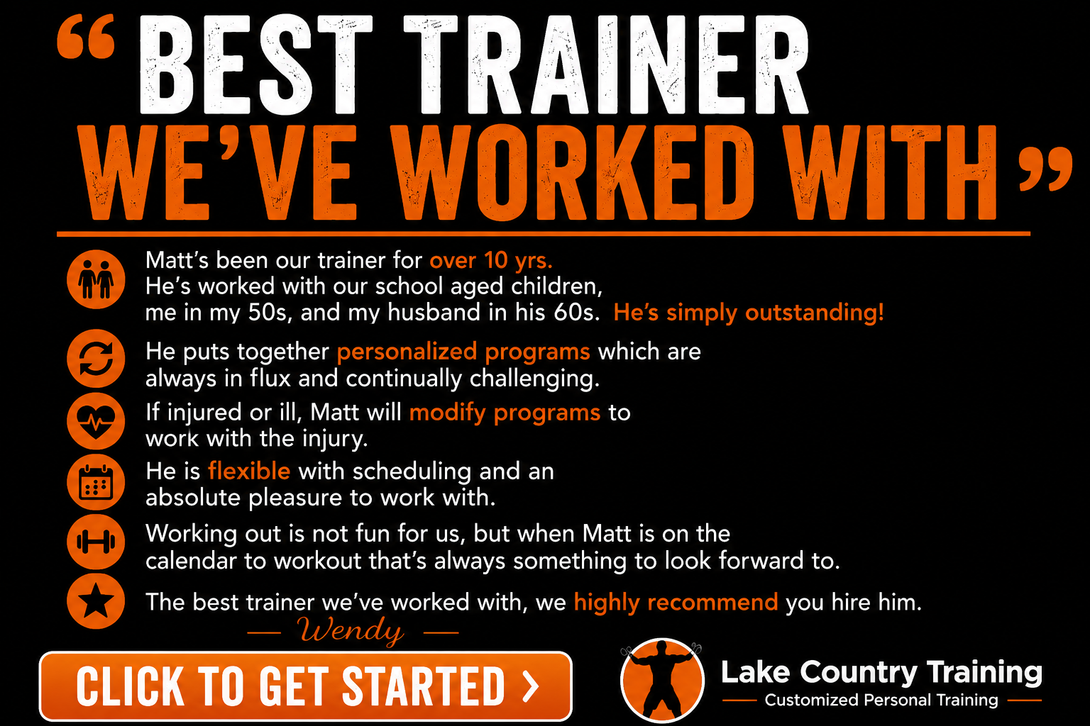 Best Trainer We’ve Worked With Family testimonial describing customized training programs, long-term coaching, flexibility, and personalized fitness for multiple family members.