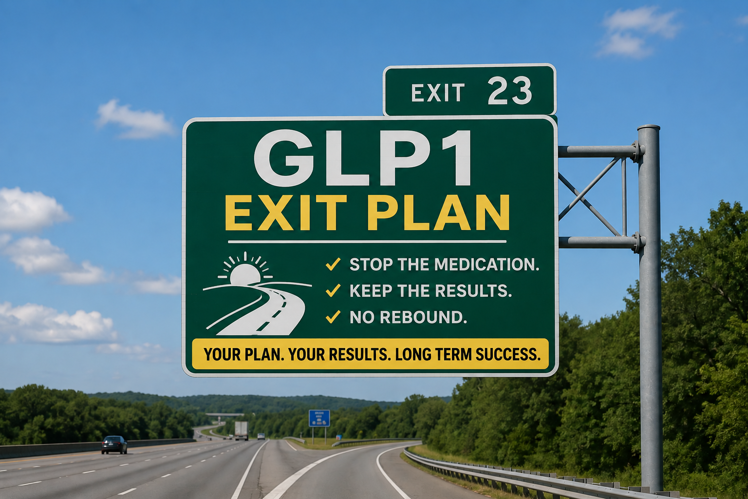 Highway exit sign illustrating Lake Country Training's GLP-1 Exit Plan, helping clients stop GLP-1 medication while maintaining long-term weight loss without rebound.