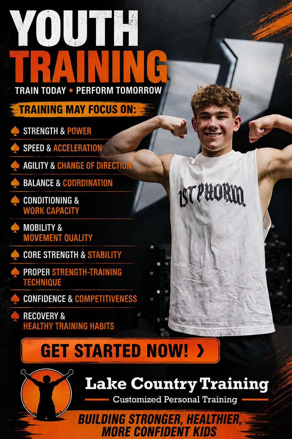 Youth sports performance training at Lake Country Training focused on strength, speed, power, agility, conditioning, coordination, confidence, and healthy training habits.