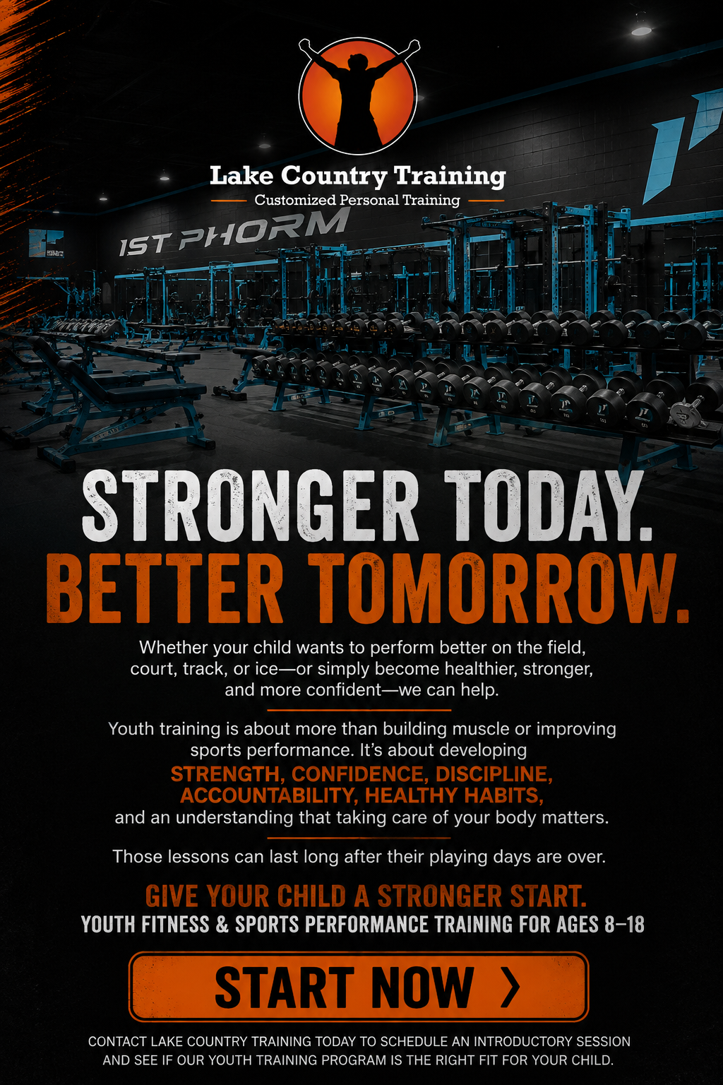 Youth fitness and sports performance training for ages 8–18 at Lake Country Training, focused on strength, confidence, discipline, accountability, athletic performance, and healthy habits.