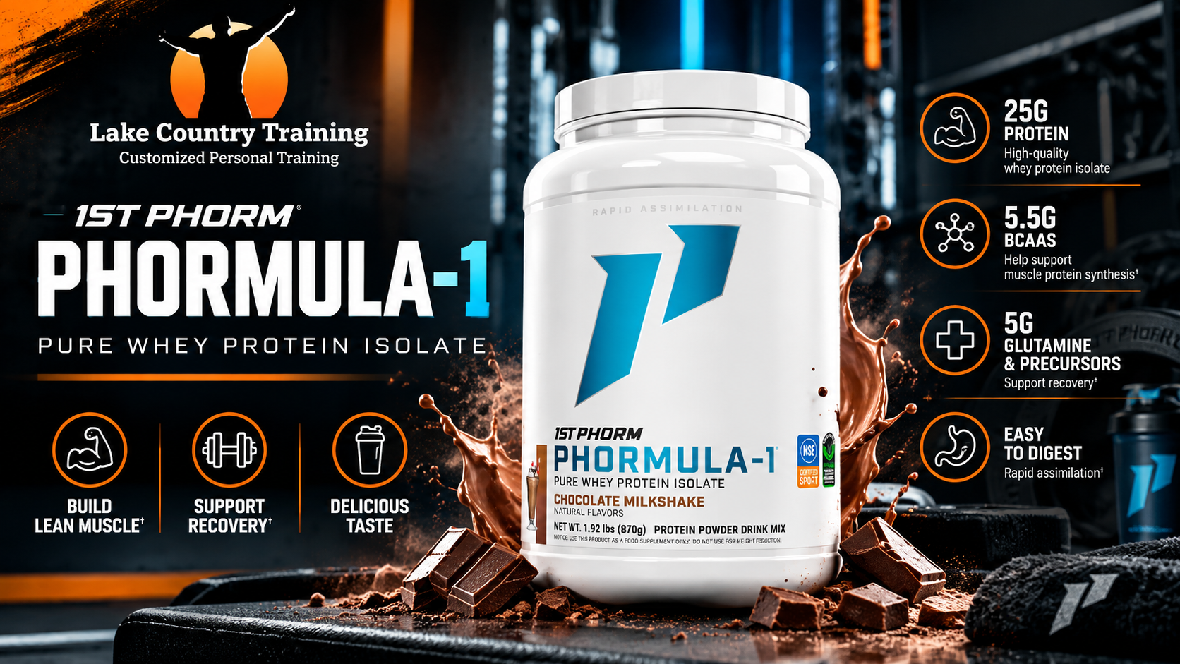 1st Phorm Phormula-1 whey protein isolate supplement for post-workout protein intake.