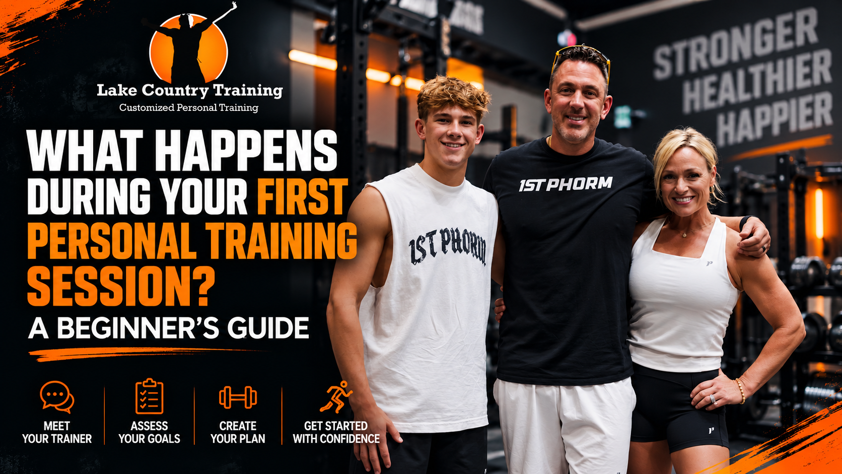 Lake Country Training's Matthew, Kelly, and Lukas Meyer in a gym, featured in a beginner's guide to the first personal training session.